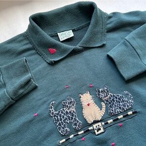 Vintage Cottage Cove Women’s Medium Sweatshirt Green Collared Cats cat lady